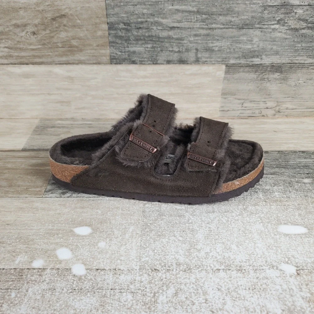 Birkenstock Arizona Shearling Womens Sandals Sz 4 Mocca Suede Leather Slip‎ On